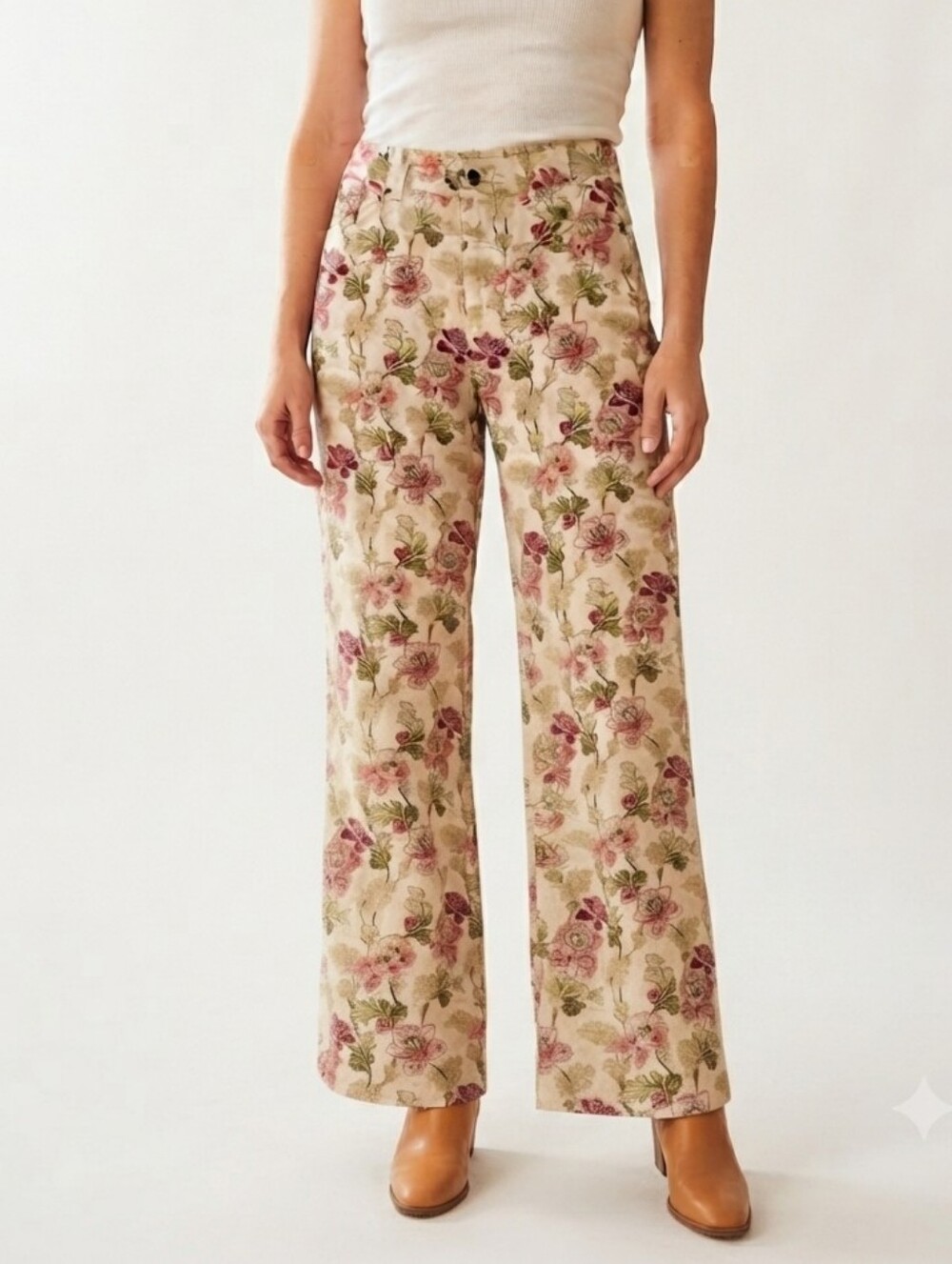 NWT POSSE Cream Multi Floral Print Celine Denim Jeans Size 28 Tapestry Botanical